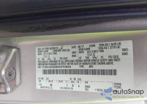 2017 Ford Escape Se из США, поврежденный, VIN 1FMCU0GD6HUF03834